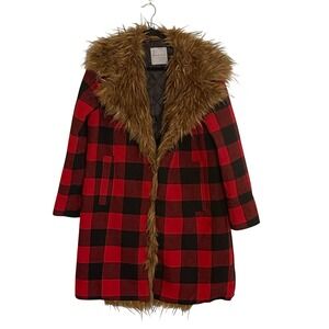 Bagatelle‎ Collection Red Black Buffalo Plaid Faux Fur Trim Quilted Coat Large